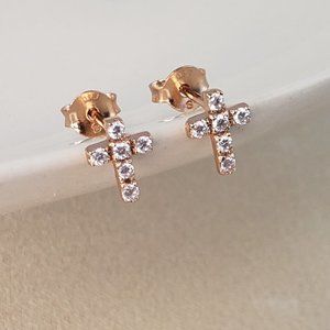 18K Rose Gold Plated Sterling Silver Cross Earrings